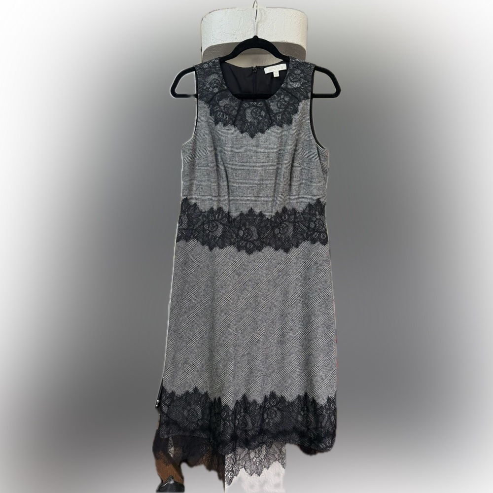 ETCETRA by Carlisle,‎ sleeveless, black &white plaid dress w/ black lace size 10